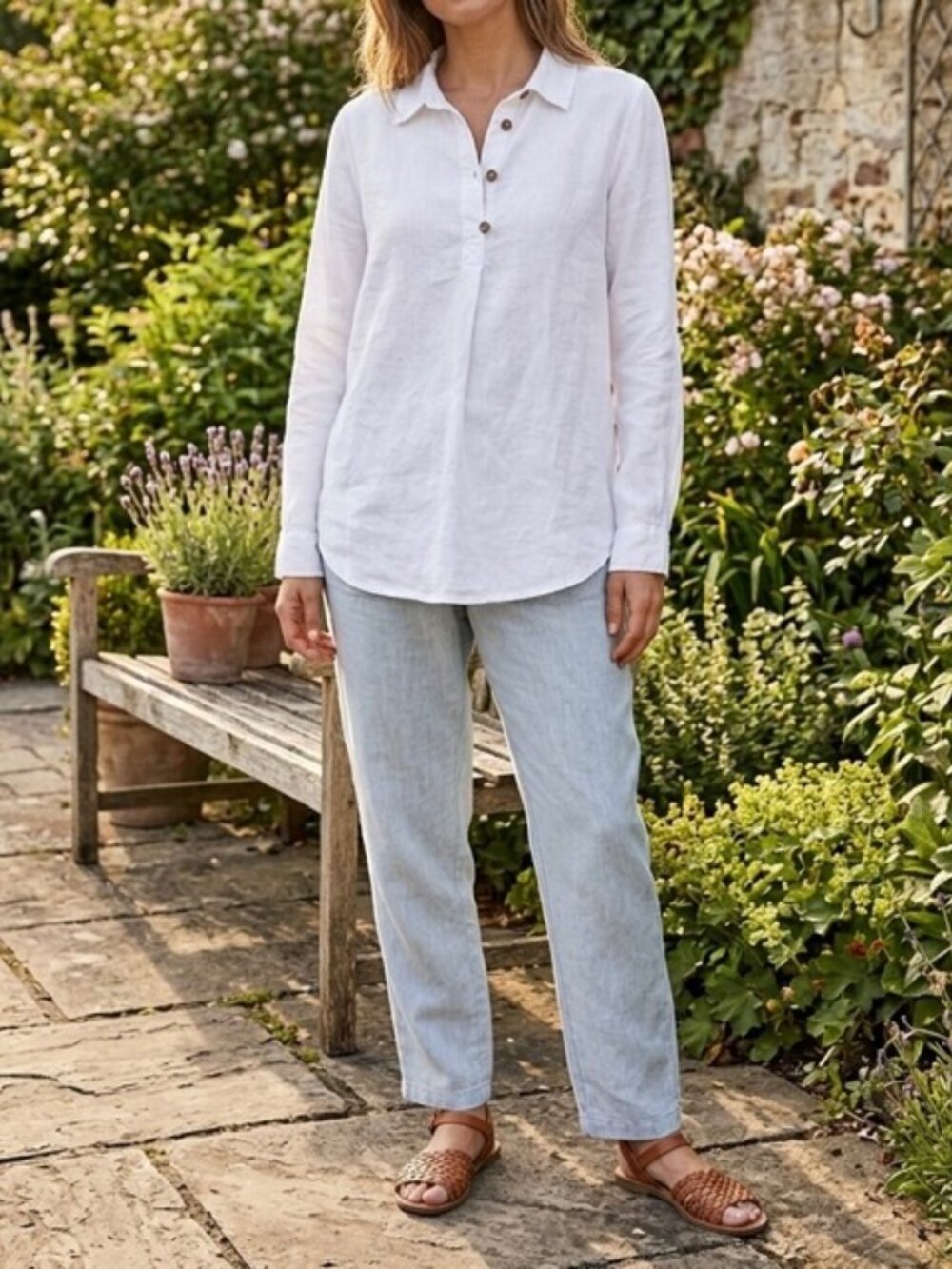 Sigrid Olsen White 100% Linen Roll-sleeve Tunic Shirt Womens Sz Small Lagenlook